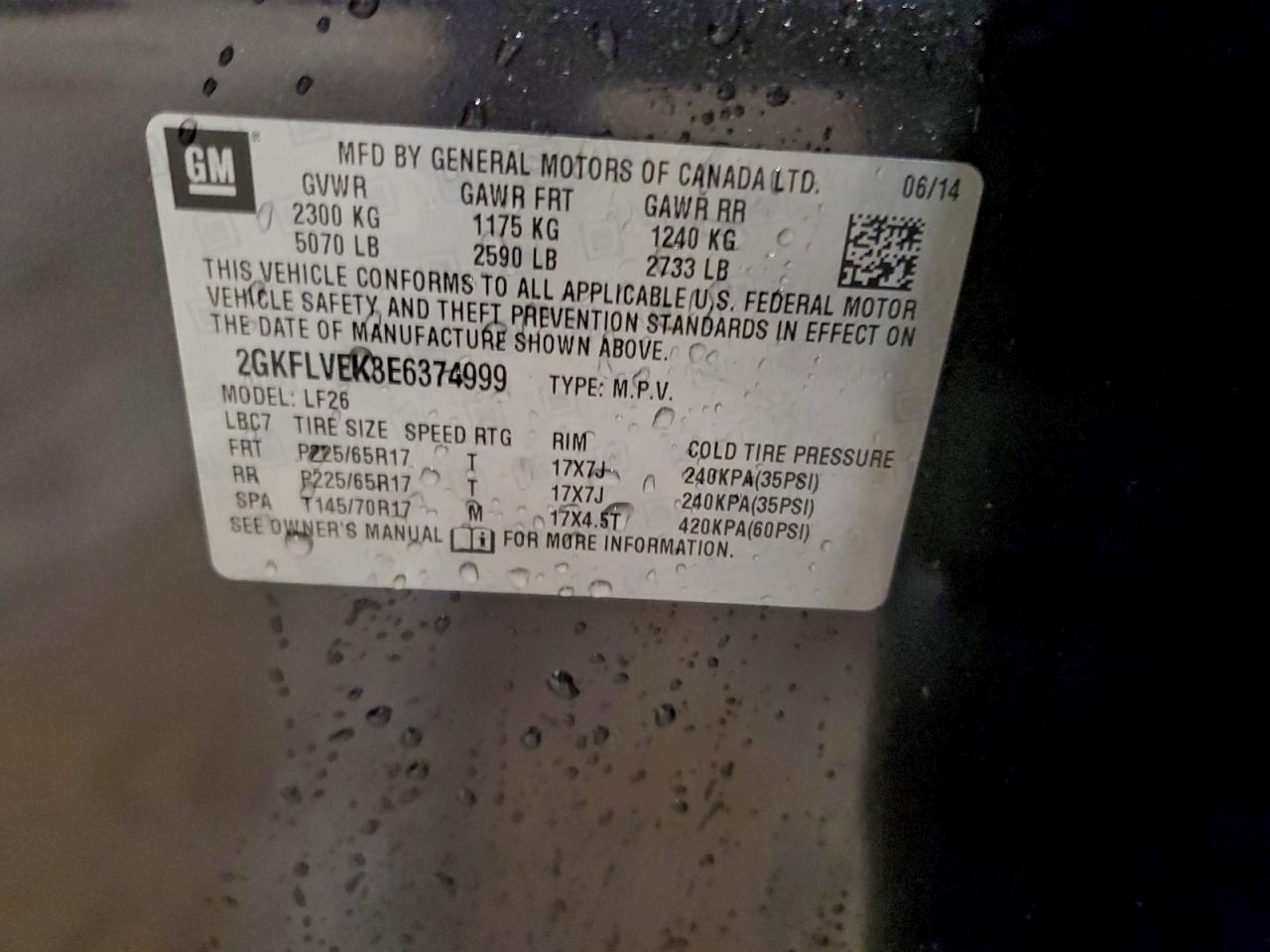 2014 GMC Terrain Sle VIN: 2GKFLVEK3E6374999 Lot: 95758345