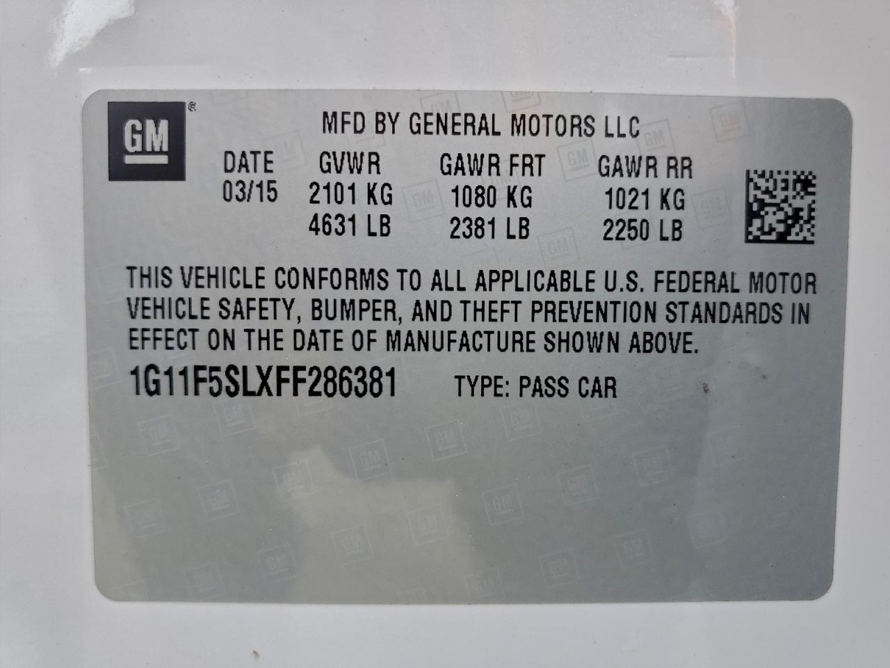 2015 Chevrolet Malibu Ltz VIN: 1G11F5SLXFF286381 Lot: 94451975