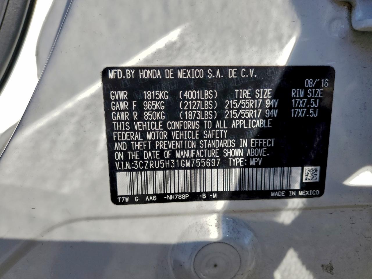 2016 Honda Hr-V Lx VIN: 3CZRU5H31GM755697 Lot: 96408555