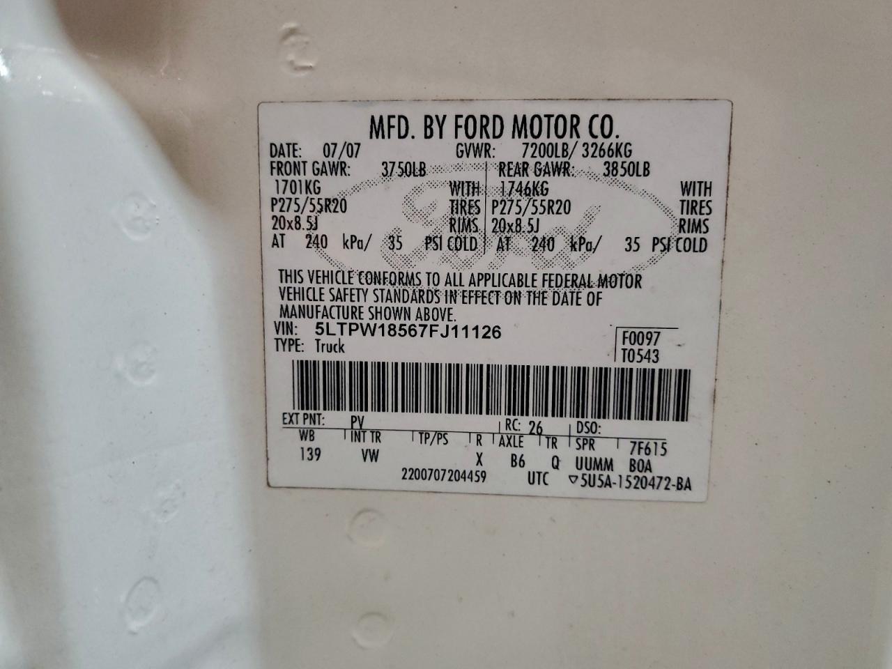 2007 Lincoln Mark Lt VIN: 5LTPW18567FJ11126 Lot: 96979695