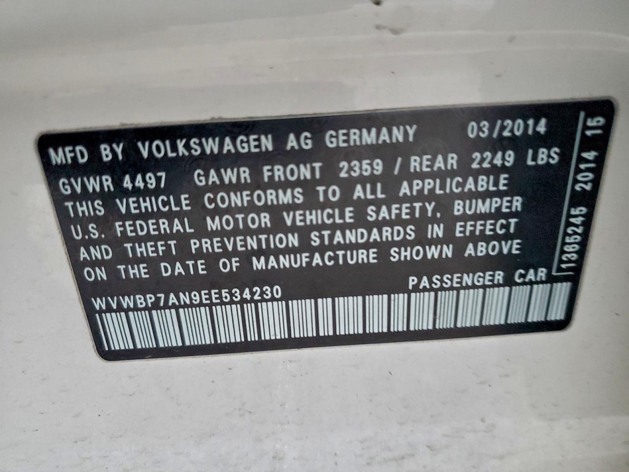 2014 Volkswagen Cc Sport VIN: WVWBP7AN9EE534230 Lot: 96412955