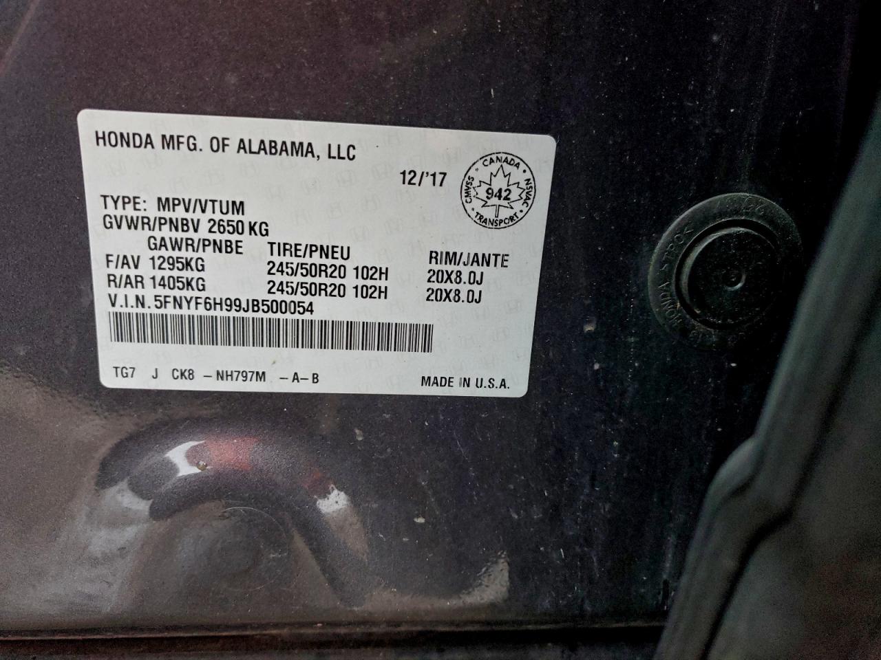 2018 Honda Pilot Touring VIN: 5FNYF6H99JB500054 Lot: 95247105