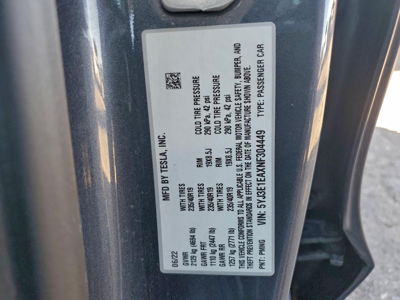 2022 Tesla Model 3 VIN: 5YJ3E1EAXNF304449 Lot: 94233905