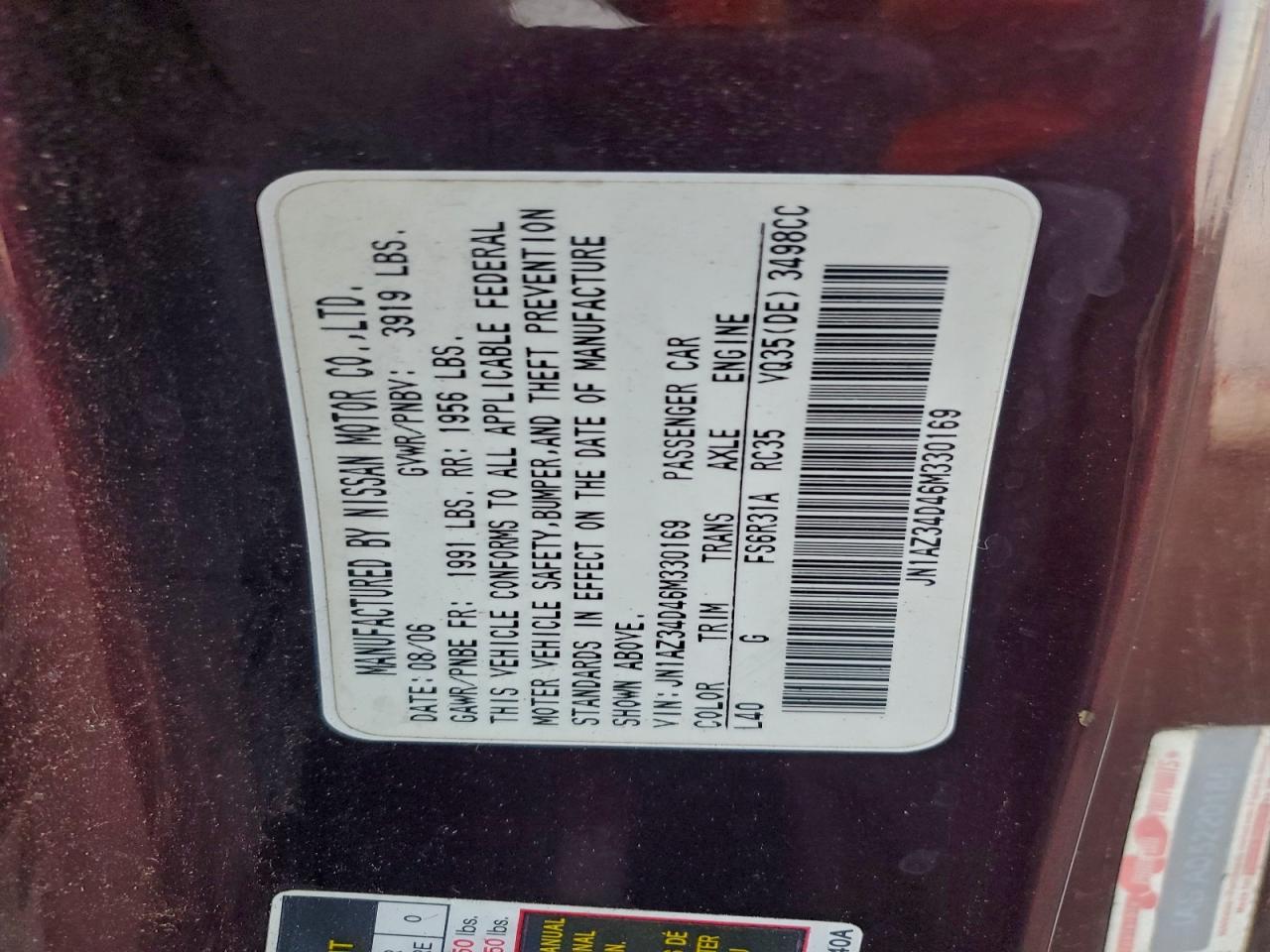 2006 Nissan 350Z Coupe VIN: JN1AZ34D46M330169 Lot: 97405265