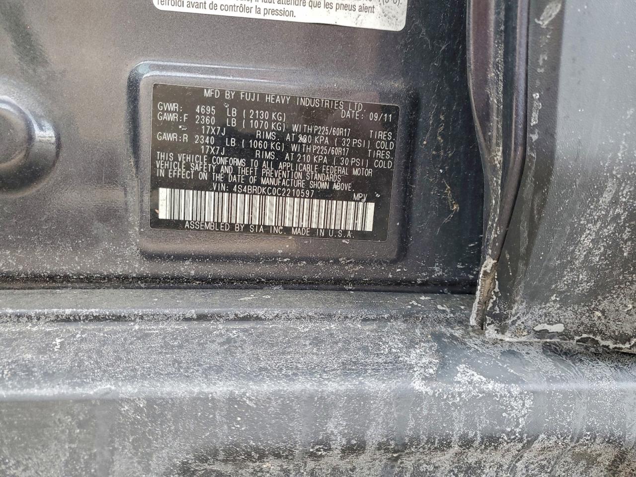 2012 Subaru Outback 3.6R Limited VIN: 4S4BRDKC0C2210597 Lot: 91958405