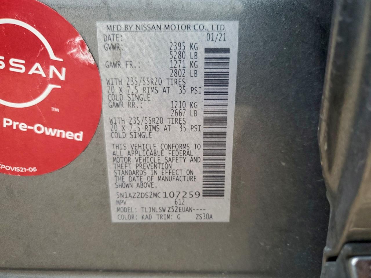 2021 Nissan Murano Platinum VIN: 5N1AZ2DS2MC107259 Lot: 94811045