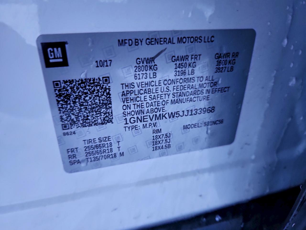 2018 Chevrolet Traverse Lt VIN: 1GNEVMKW5JJ133968 Lot: 94645975