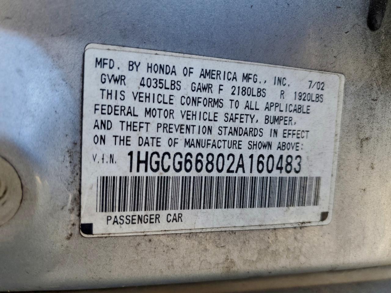 2002 Honda Accord Ex VIN: 1HGCG66802A160483 Lot: 93969955