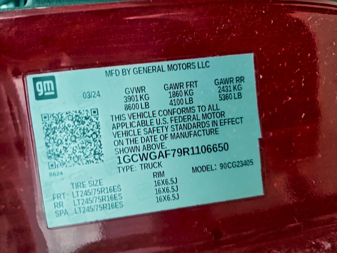 2024 Chevrolet Express 2500 Delivery Van VIN: 1GCWGAF79R1106650 Lot: 95919265