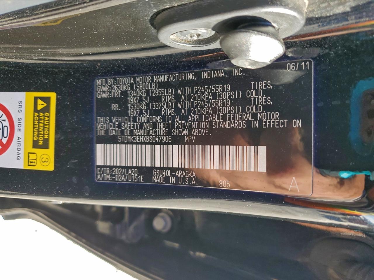 2011 Toyota Highlander Limited VIN: 5TDYK3EHXBS047906 Lot: 95511095