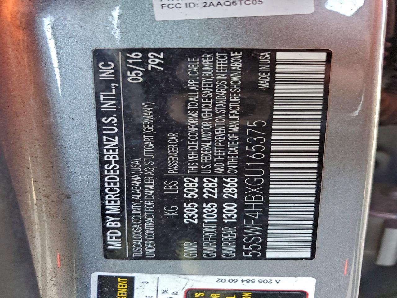 2016 Mercedes-Benz C 350E VIN: 55SWF4HBXGU165375 Lot: 95510065