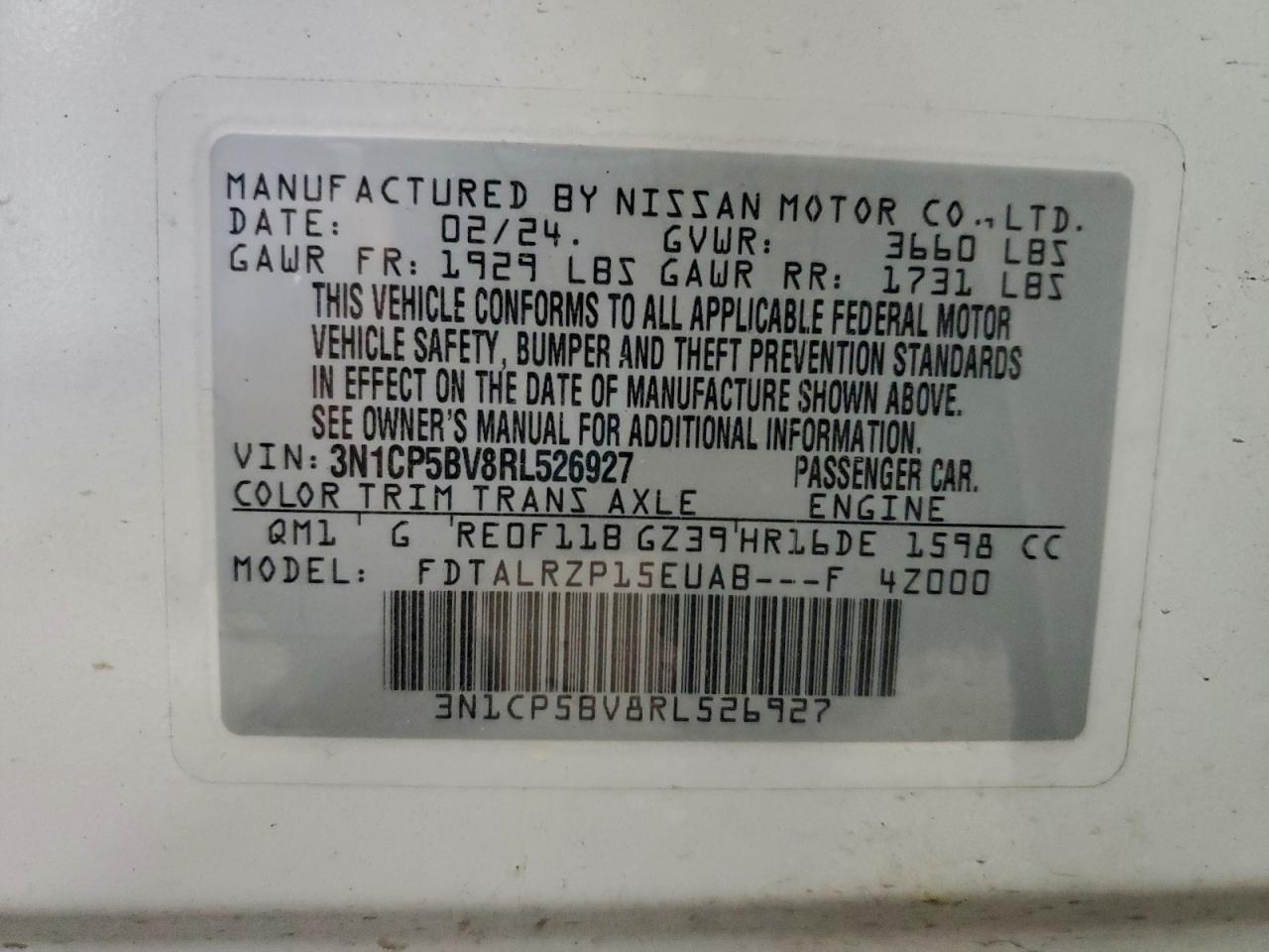 2024 Nissan Kicks S VIN: 3N1CP5BV8RL526927 Lot: 94340895