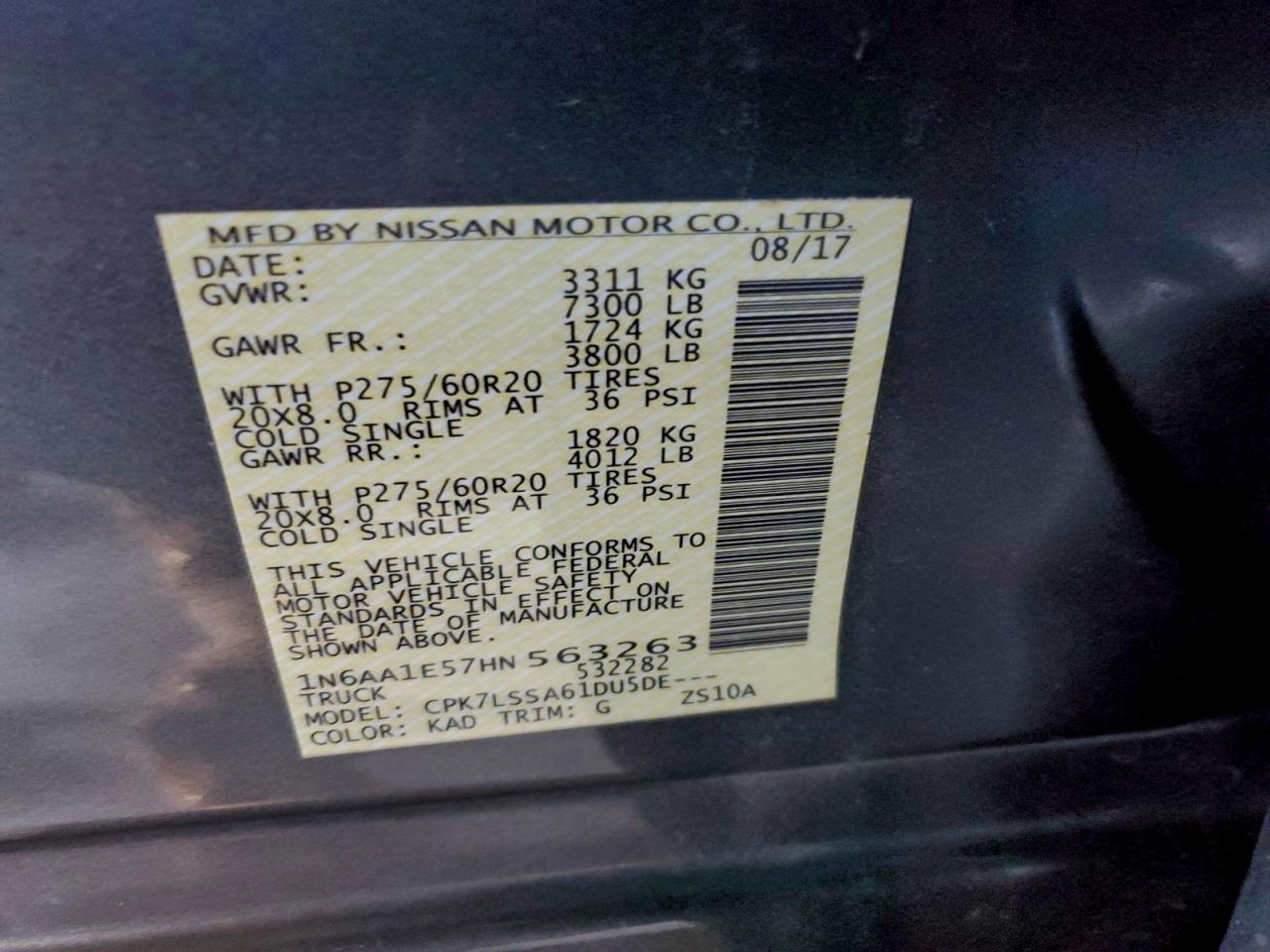 2017 Nissan Titan Sv VIN: 1N6AA1E57HN563263 Lot: 95488175