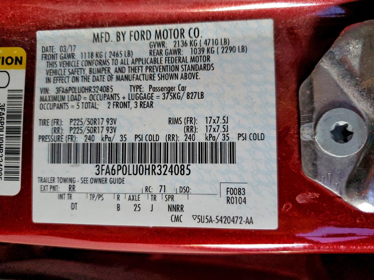 2017 Ford Fusion Se Hybrid VIN: 3FA6P0LU0HR324085 Lot: 94763945