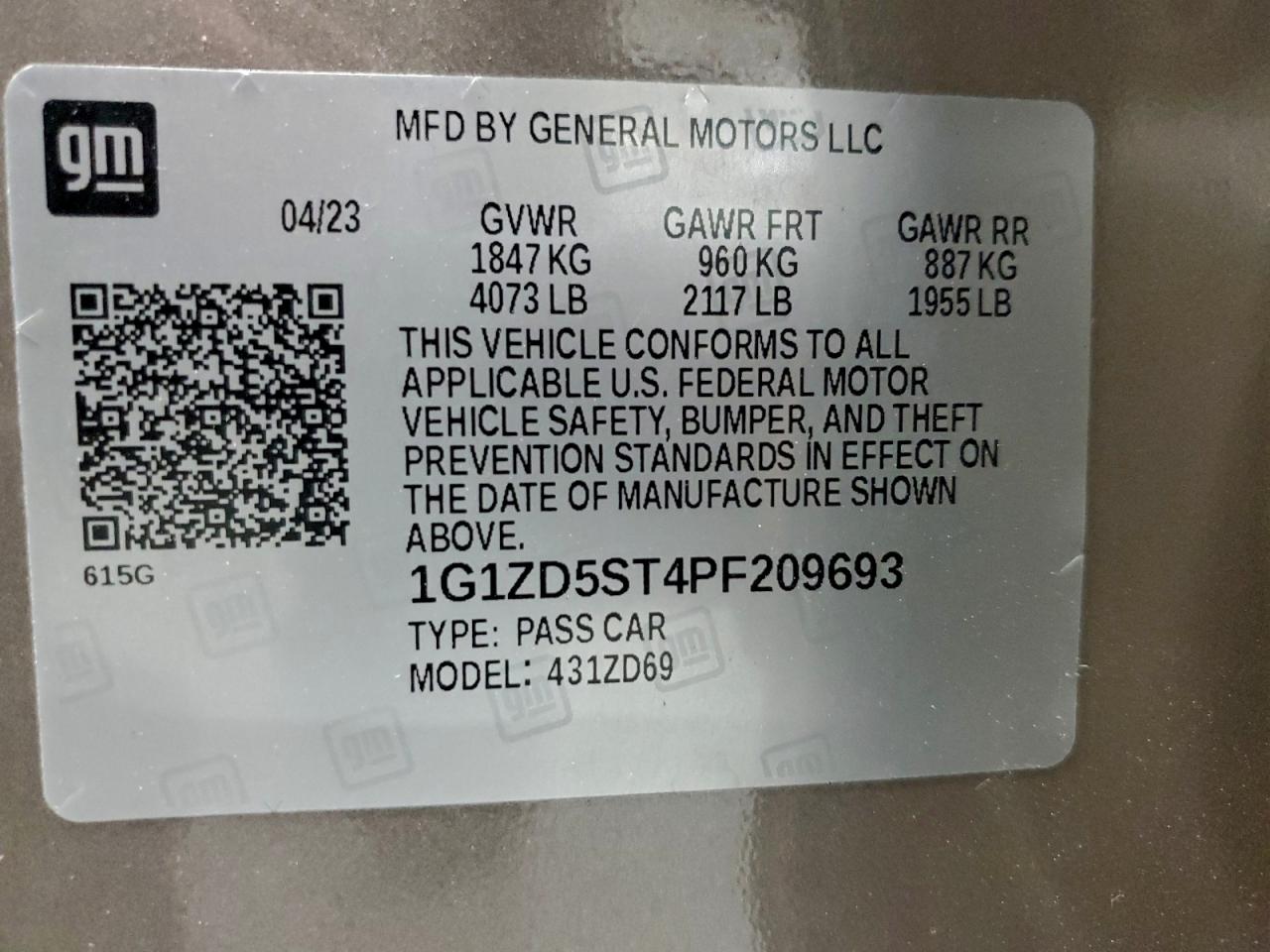 2023 Chevrolet Malibu Lt VIN: 1G1ZD5ST4PF209693 Lot: 95669715