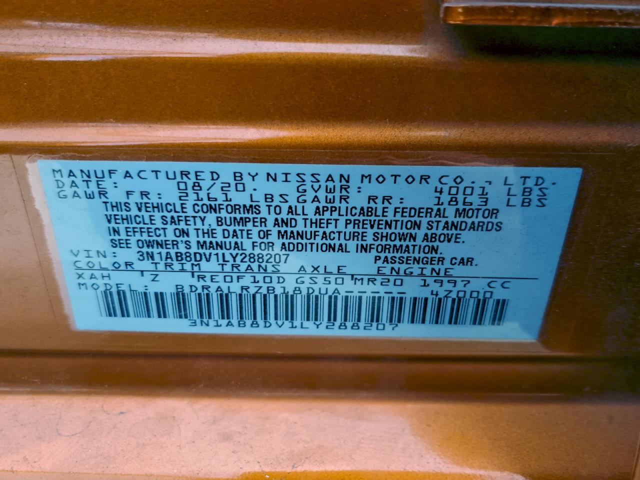 2020 Nissan Sentra Sr VIN: 3N1AB8DV1LY288207 Lot: 96237715