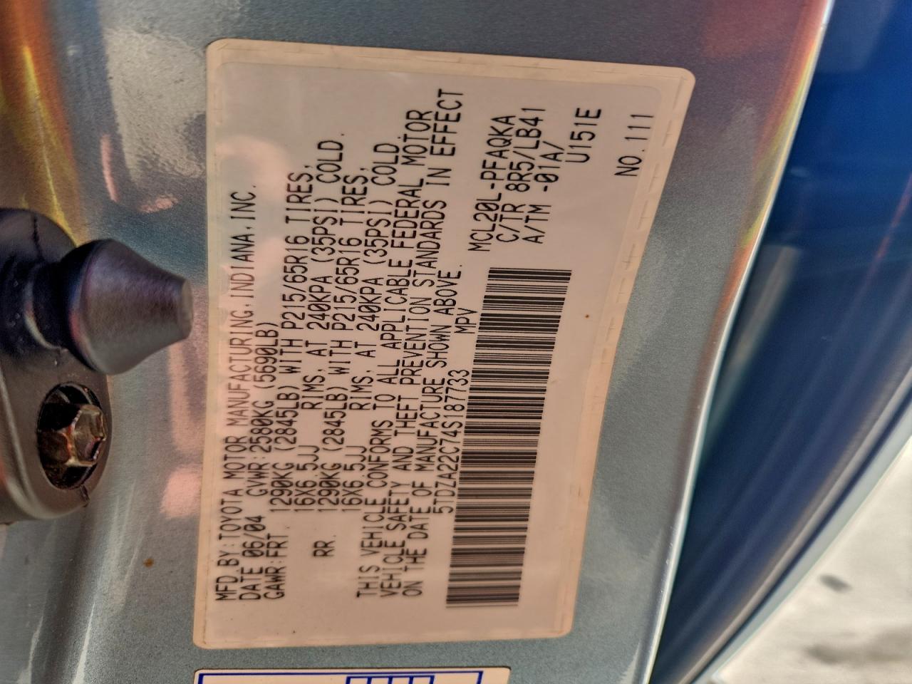 2004 Toyota Sienna Xle VIN: 5TDZA22C74S187733 Lot: 94976395