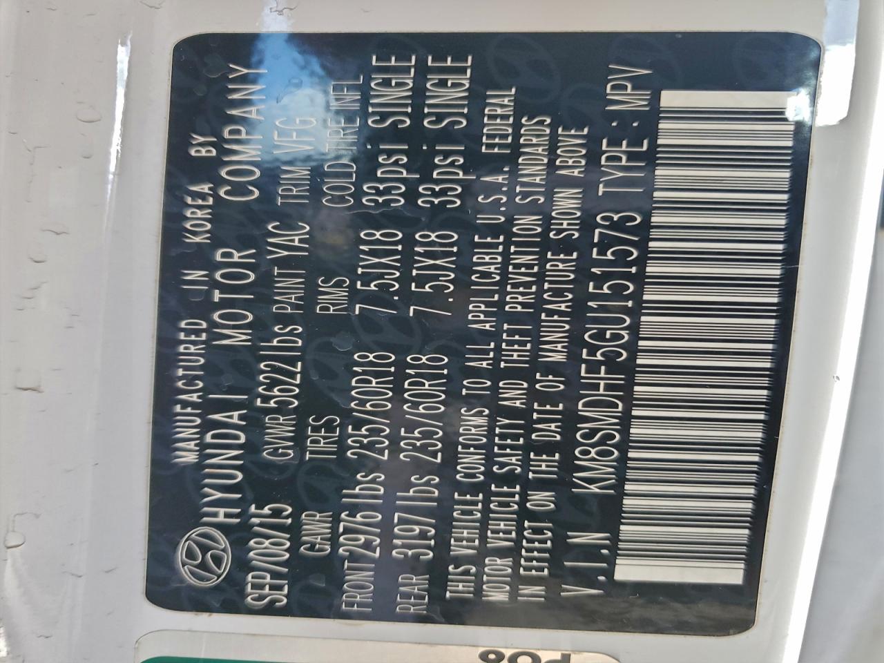 2016 Hyundai Santa Fe Se VIN: KM8SMDHF5GU151573 Lot: 94707495