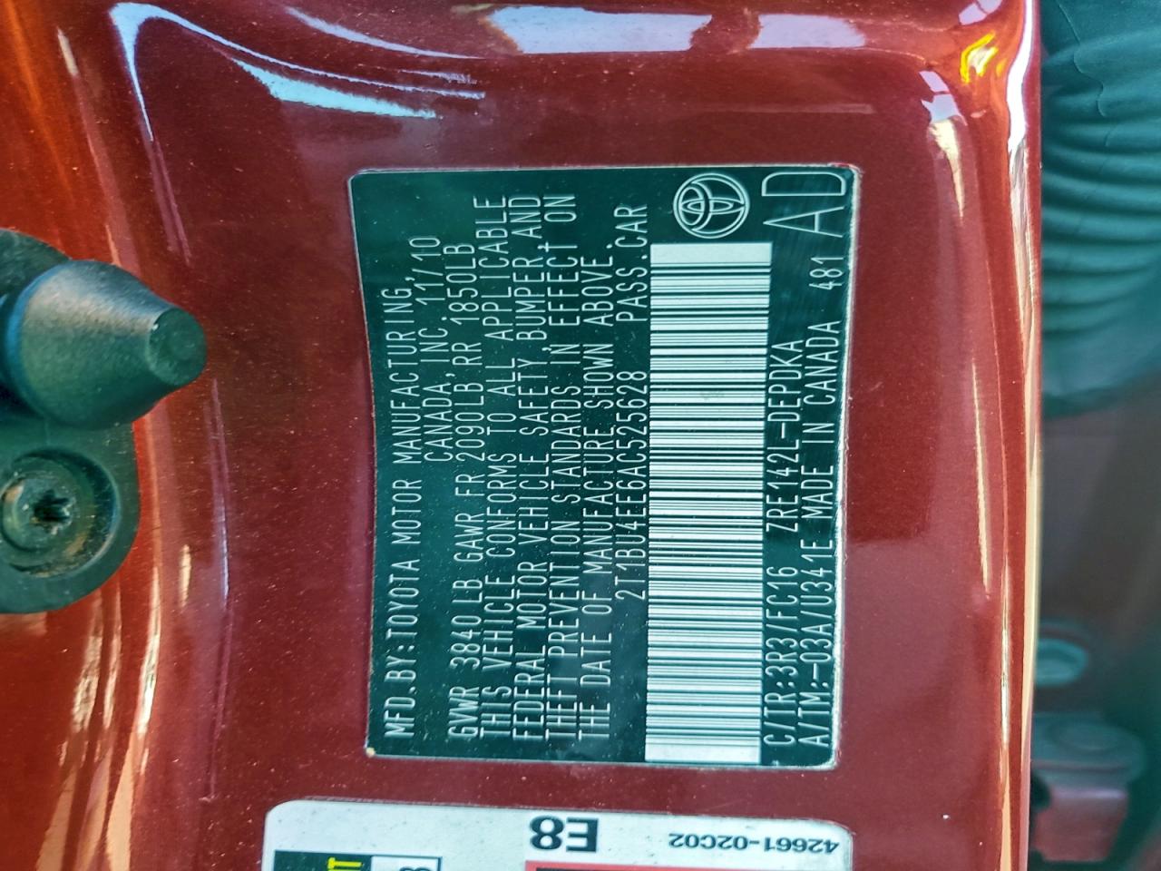 2010 Toyota Corolla Base VIN: 2T1BU4EE6AC525628 Lot: 95712355