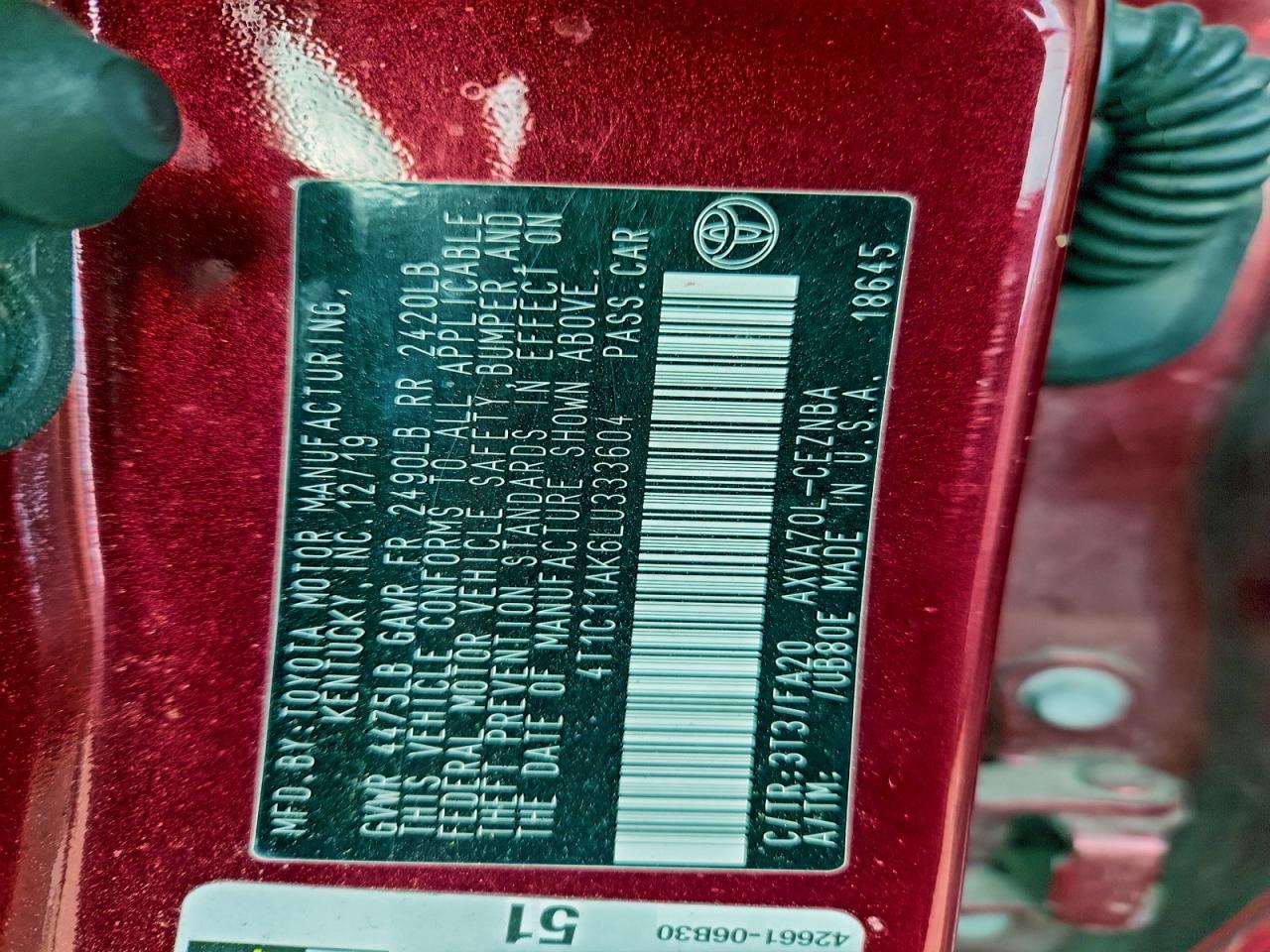 2020 Toyota Camry Le VIN: 4T1C11AK6LU333604 Lot: 95338895