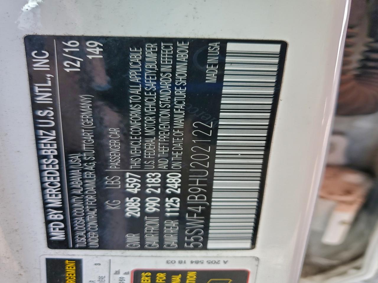 2017 Mercedes-Benz C 300 VIN: 55SWF4JB9HU202122 Lot: 95088255