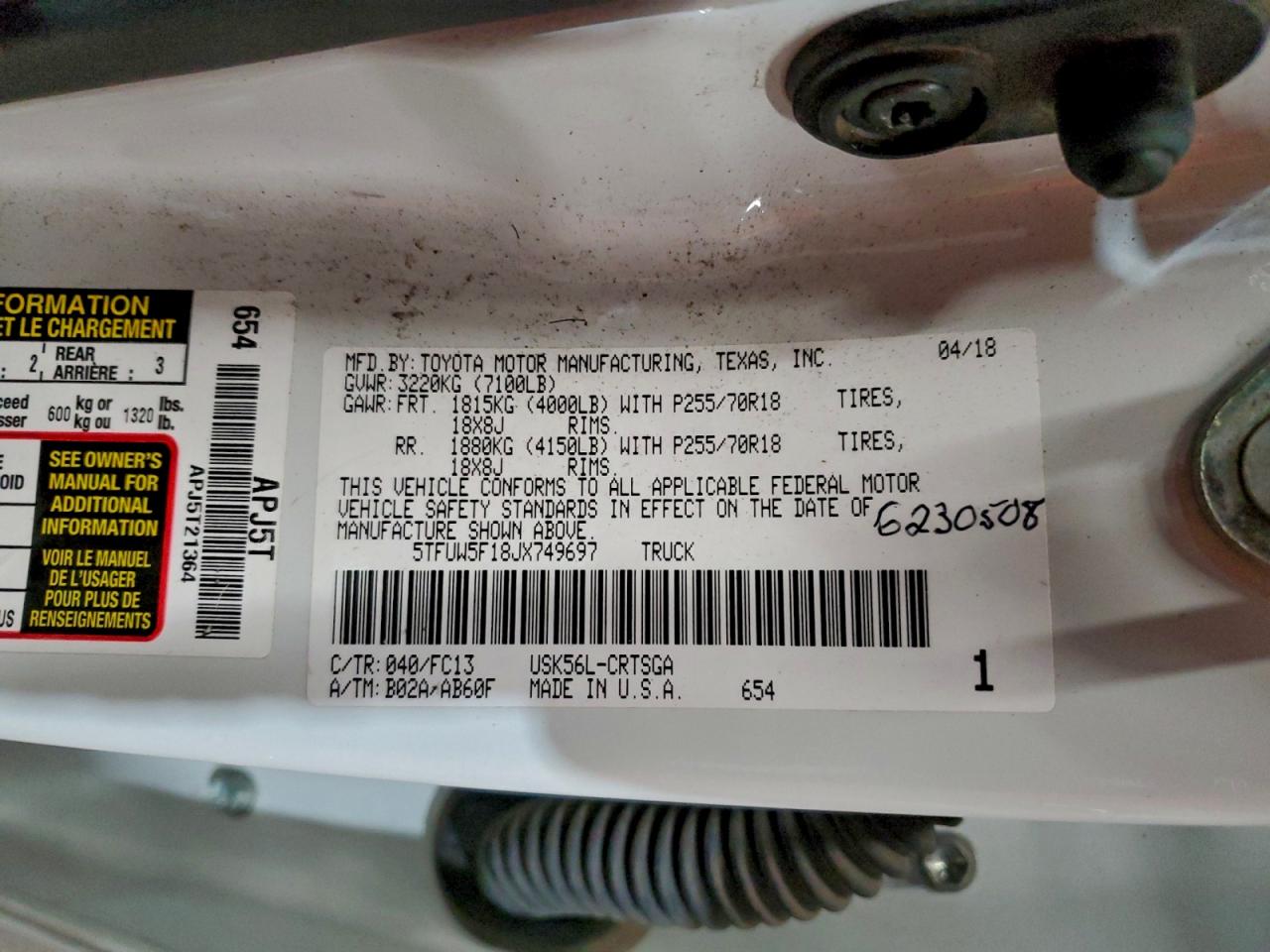 2018 Toyota Tundra Double Cab Sr VIN: 5TFUW5F18JX749697 Lot: 96803245