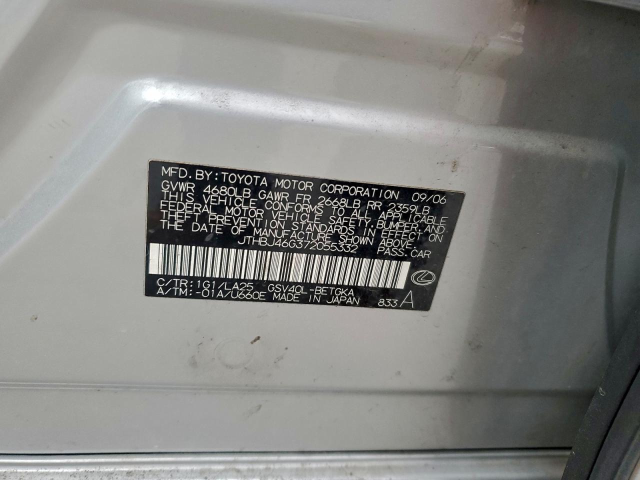 2007 Lexus Es 350 VIN: JTHBJ46G372055332 Lot: 95444425