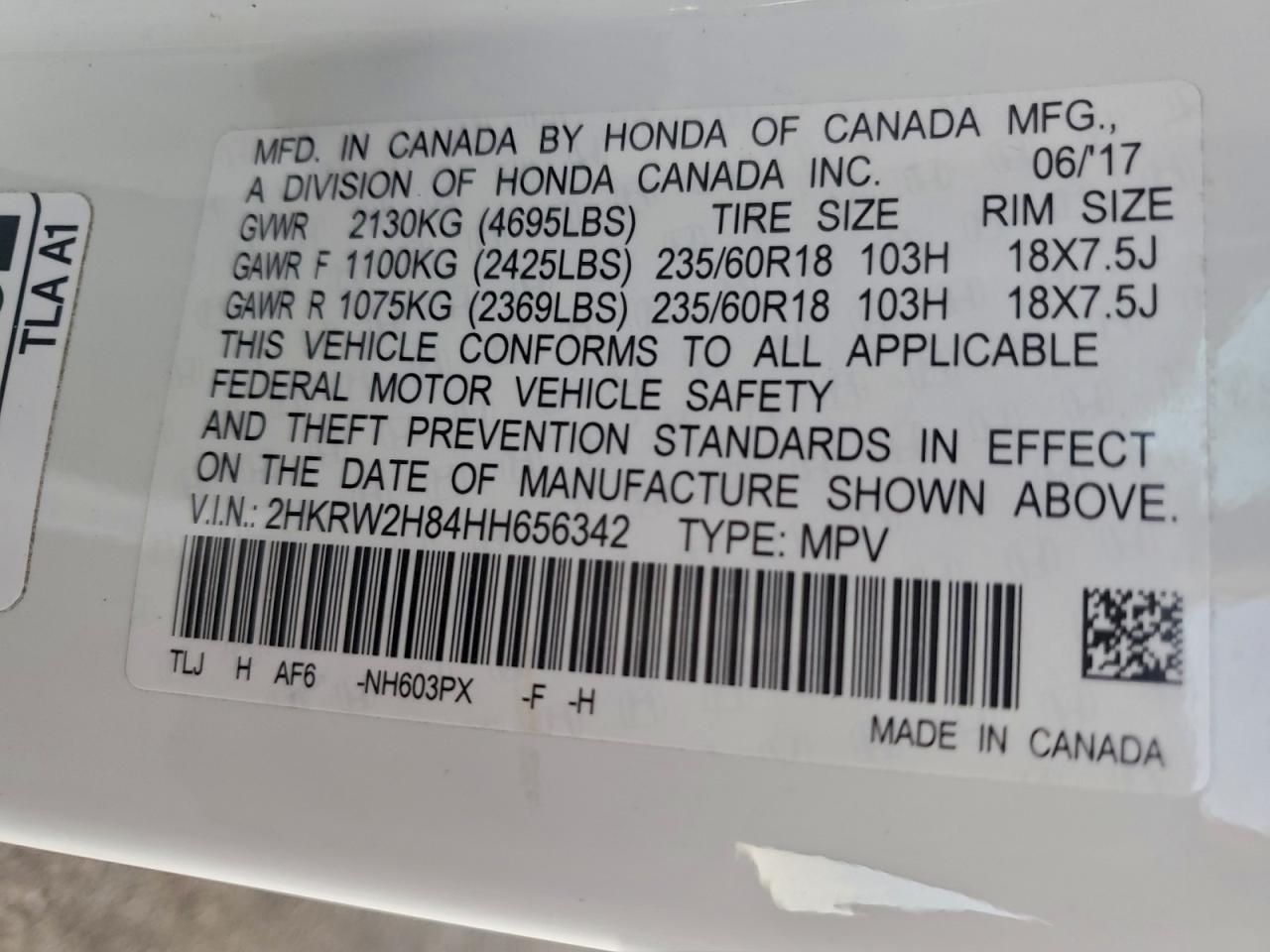 2017 Honda Cr-V Exl VIN: 2HKRW2H84HH656342 Lot: 94606775