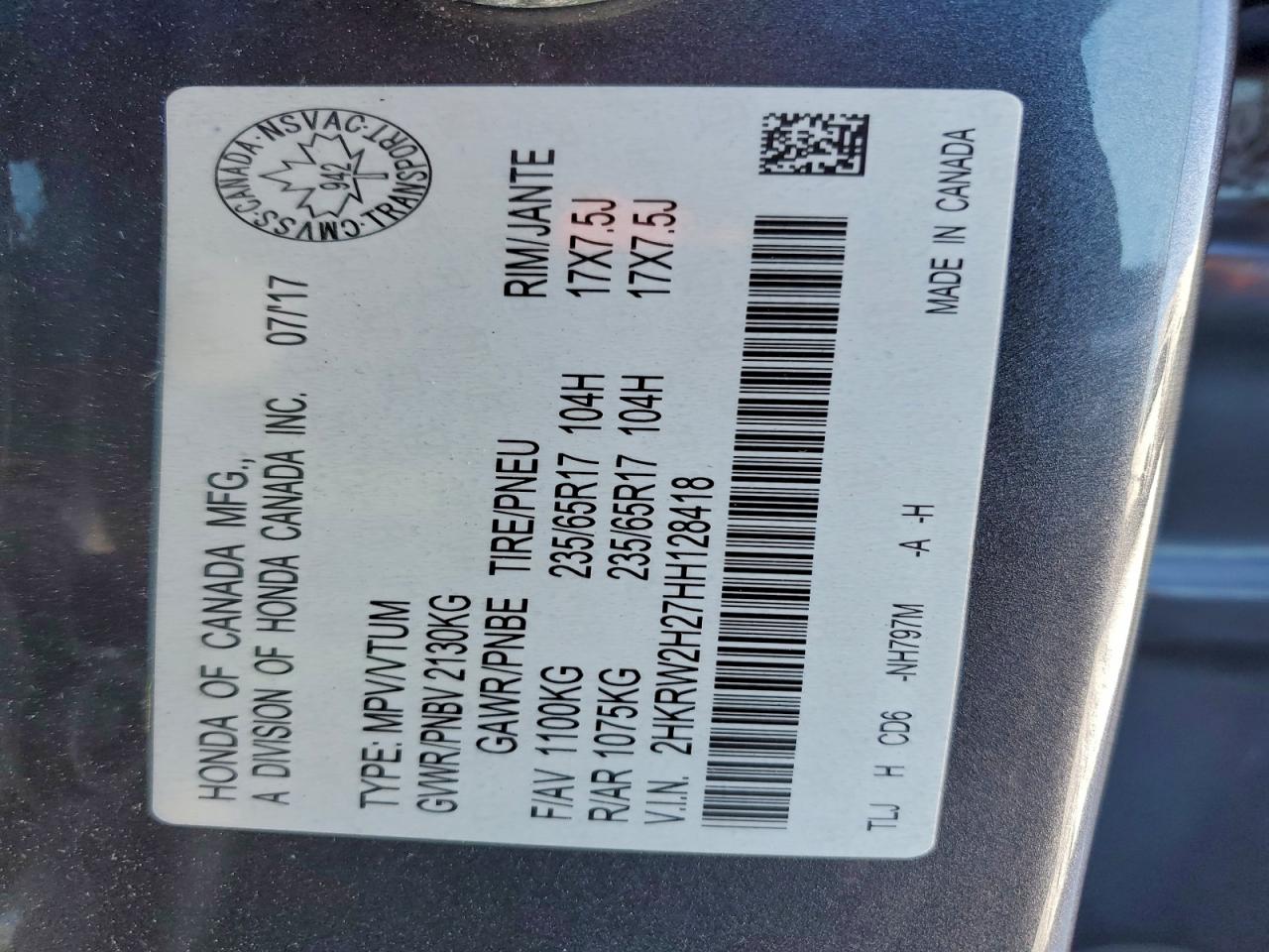 2017 Honda Cr-V Lx VIN: 2HKRW2H27HH128418 Lot: 94600225