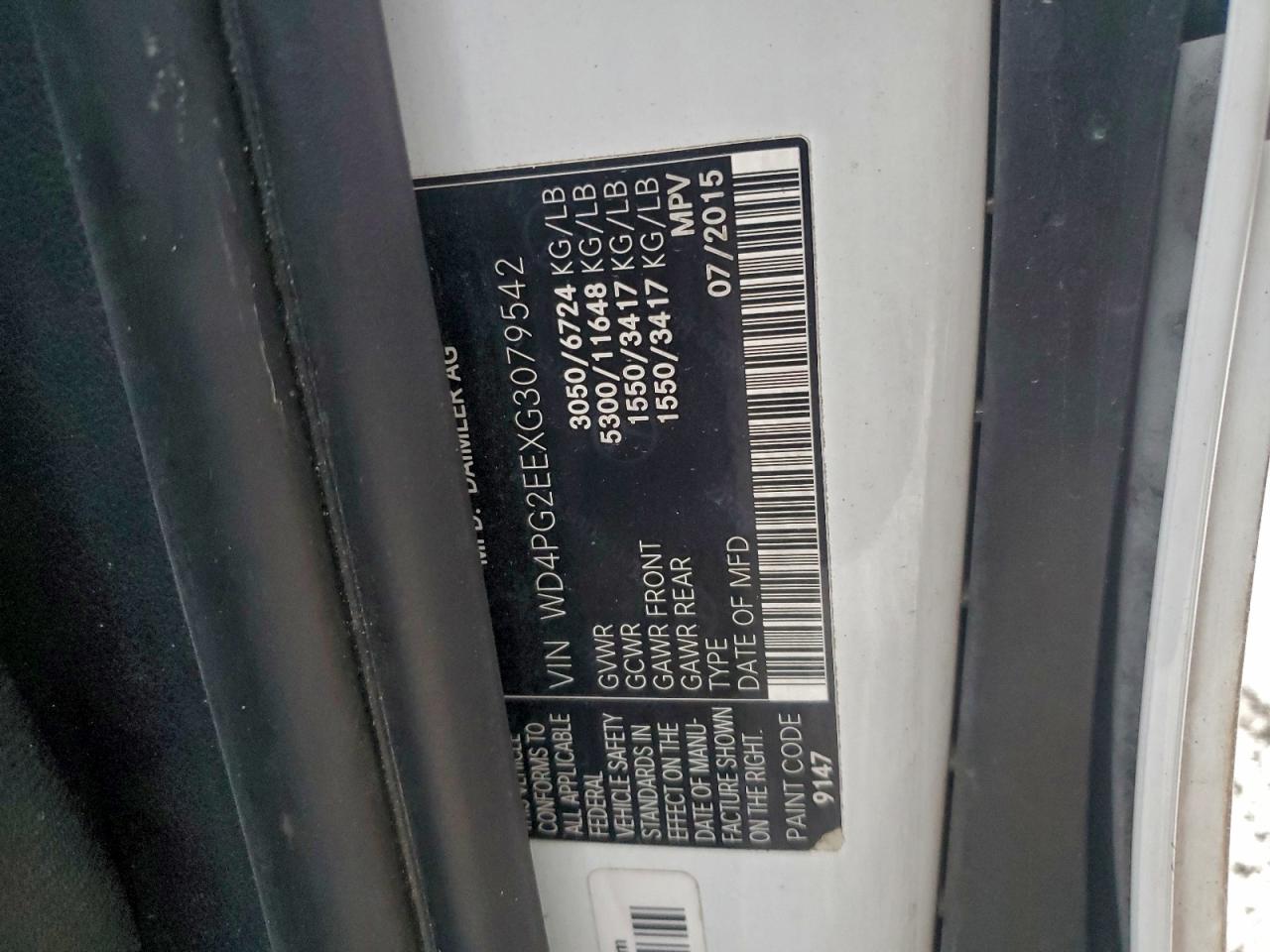 2016 Mercedes-Benz Metris VIN: WD4PG2EEXG3079542 Lot: 94865375