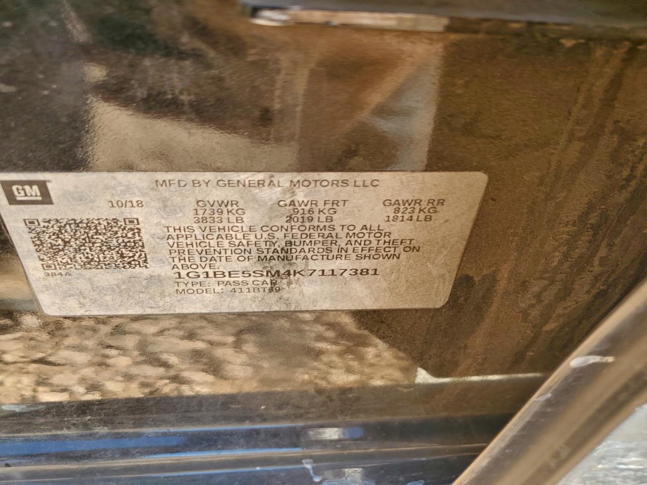 2019 Chevrolet Cruze Lt VIN: 1G1BE5SM4K7117381 Lot: 97014845