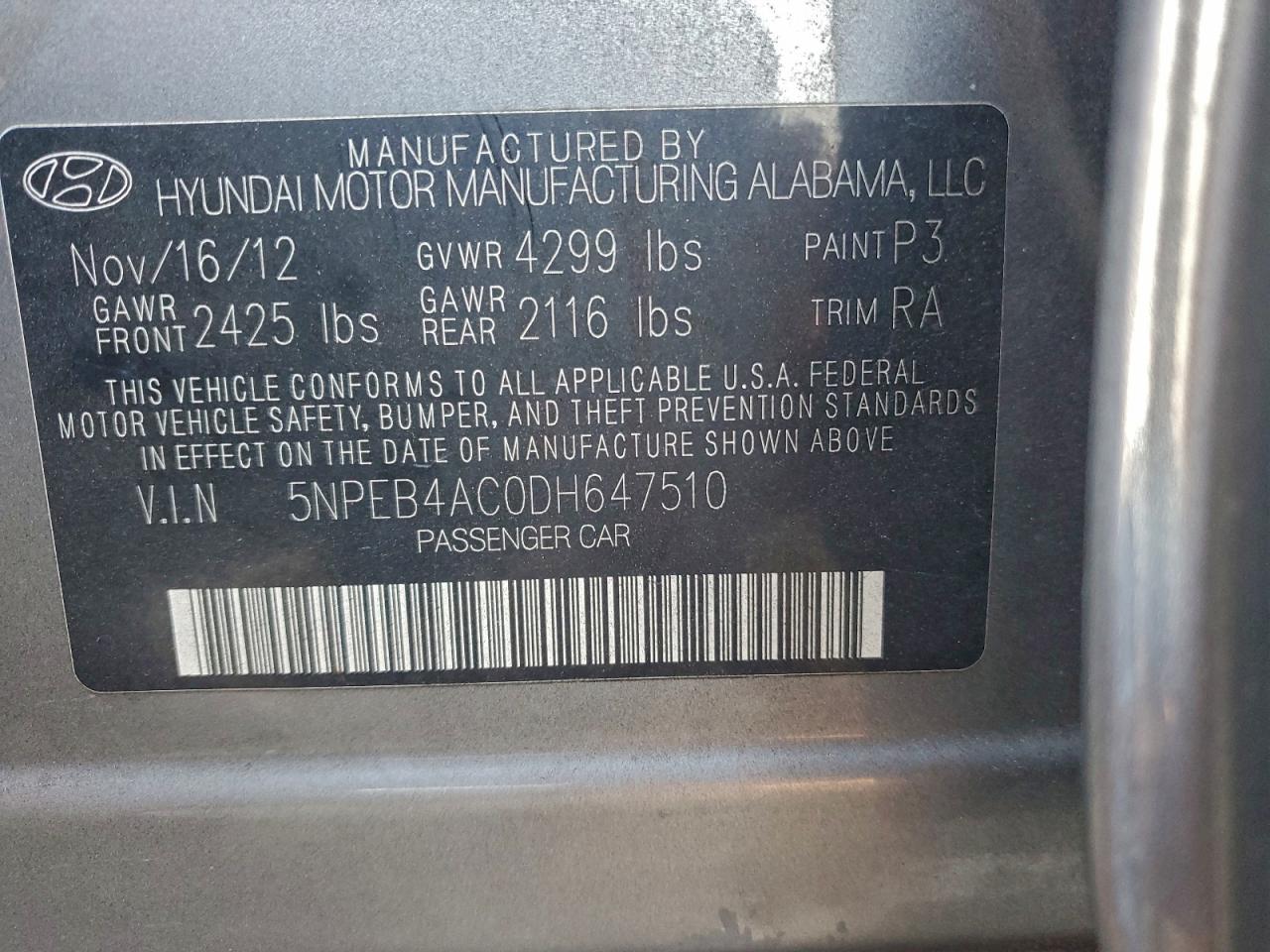 2013 Hyundai Sonata Gls VIN: 5NPEB4AC0DH647510 Lot: 95430425