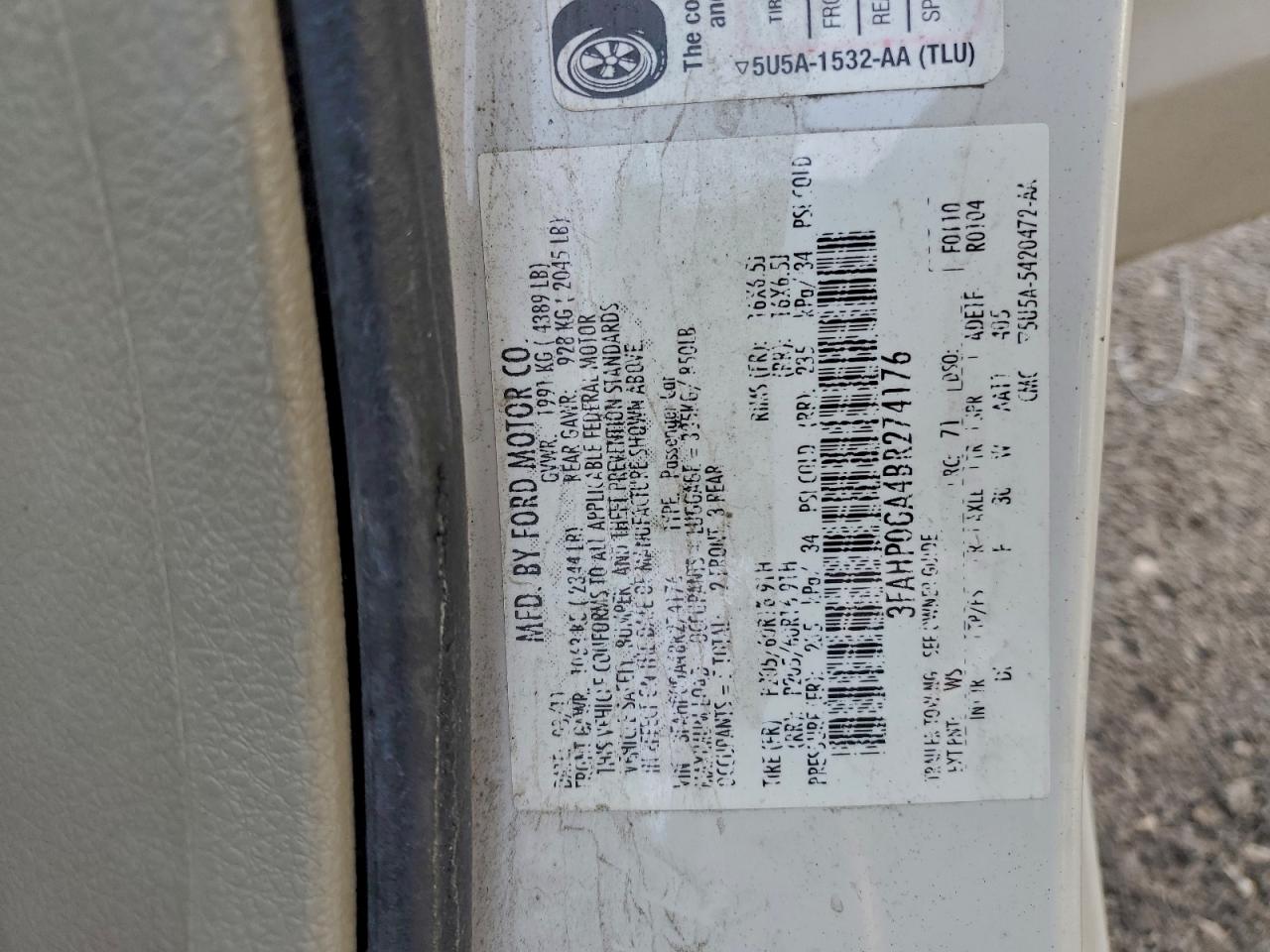 2011 Ford Fusion S VIN: 3FAHP0GA4BR274176 Lot: 97566425