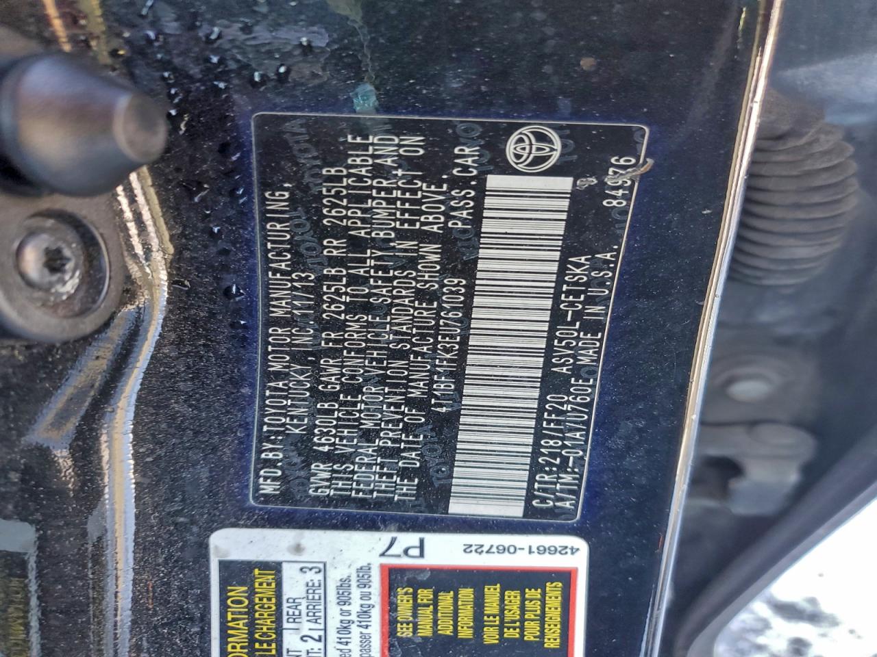 2014 Toyota Camry L VIN: 4T1BF1FK3EU761039 Lot: 96604555