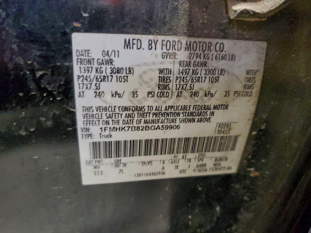 2011 Ford Explorer VIN: 1FMHK7B82BGA59906 Lot: 97544325