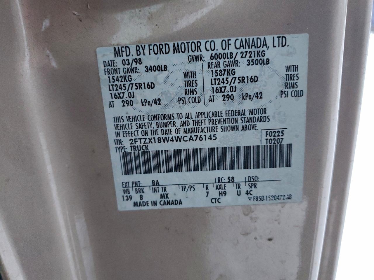 1998 Ford F150 VIN: 2FTZX18W4WCA76145 Lot: 93137335