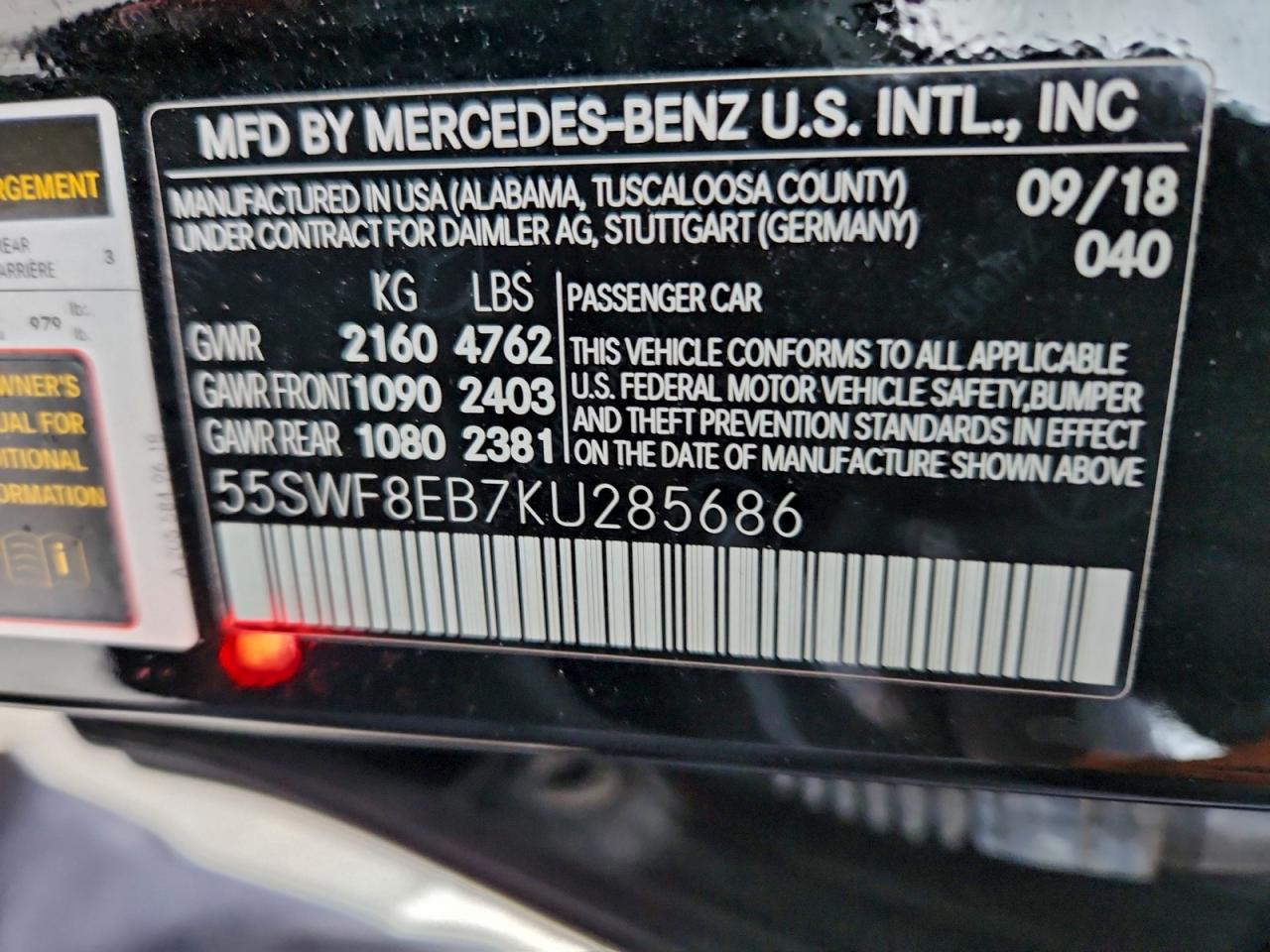 2019 Mercedes-Benz C 300 4Matic VIN: 55SWF8EB7KU285686 Lot: 94184935