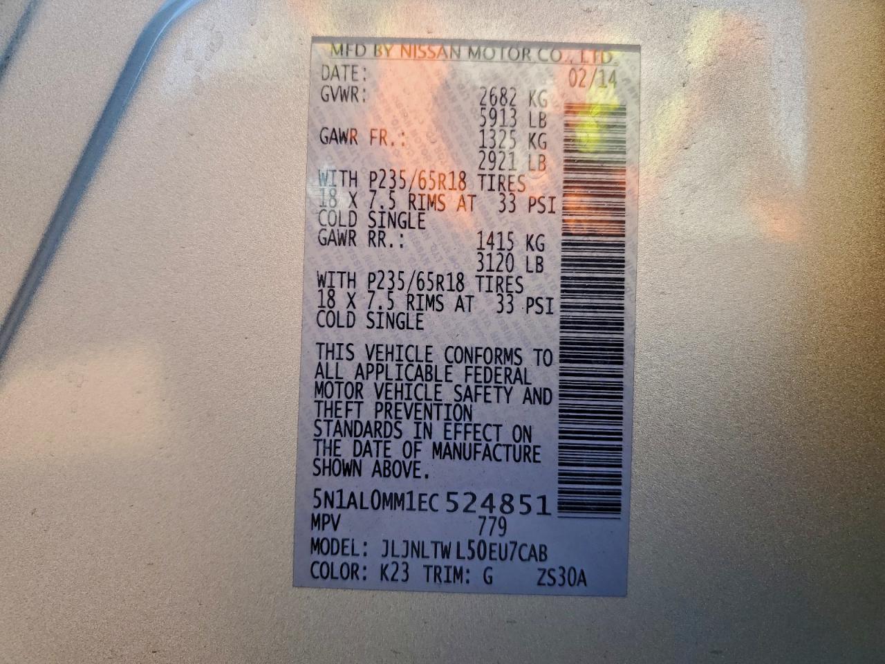 2014 Infiniti Qx60 VIN: 5N1AL0MM1EC524851 Lot: 95191315