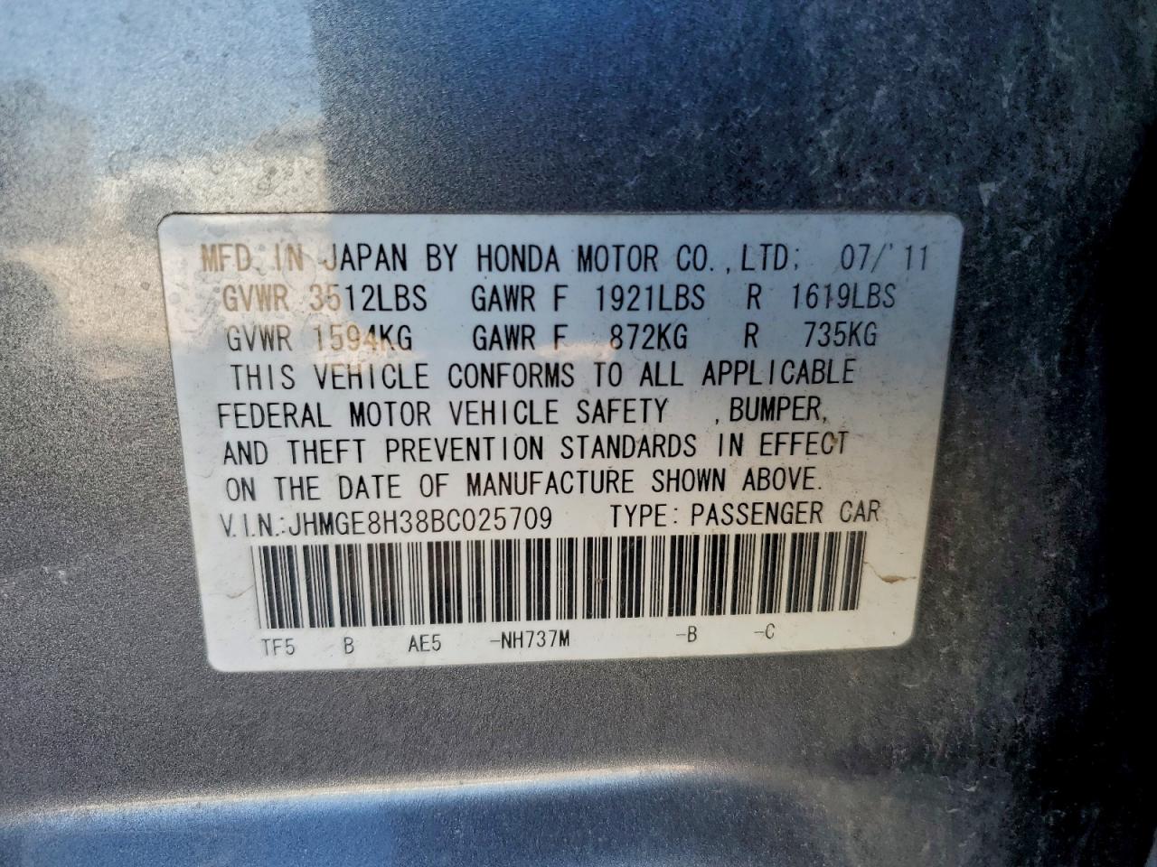 2011 Honda Fit VIN: JHMGE8H38BC025709 Lot: 94920045