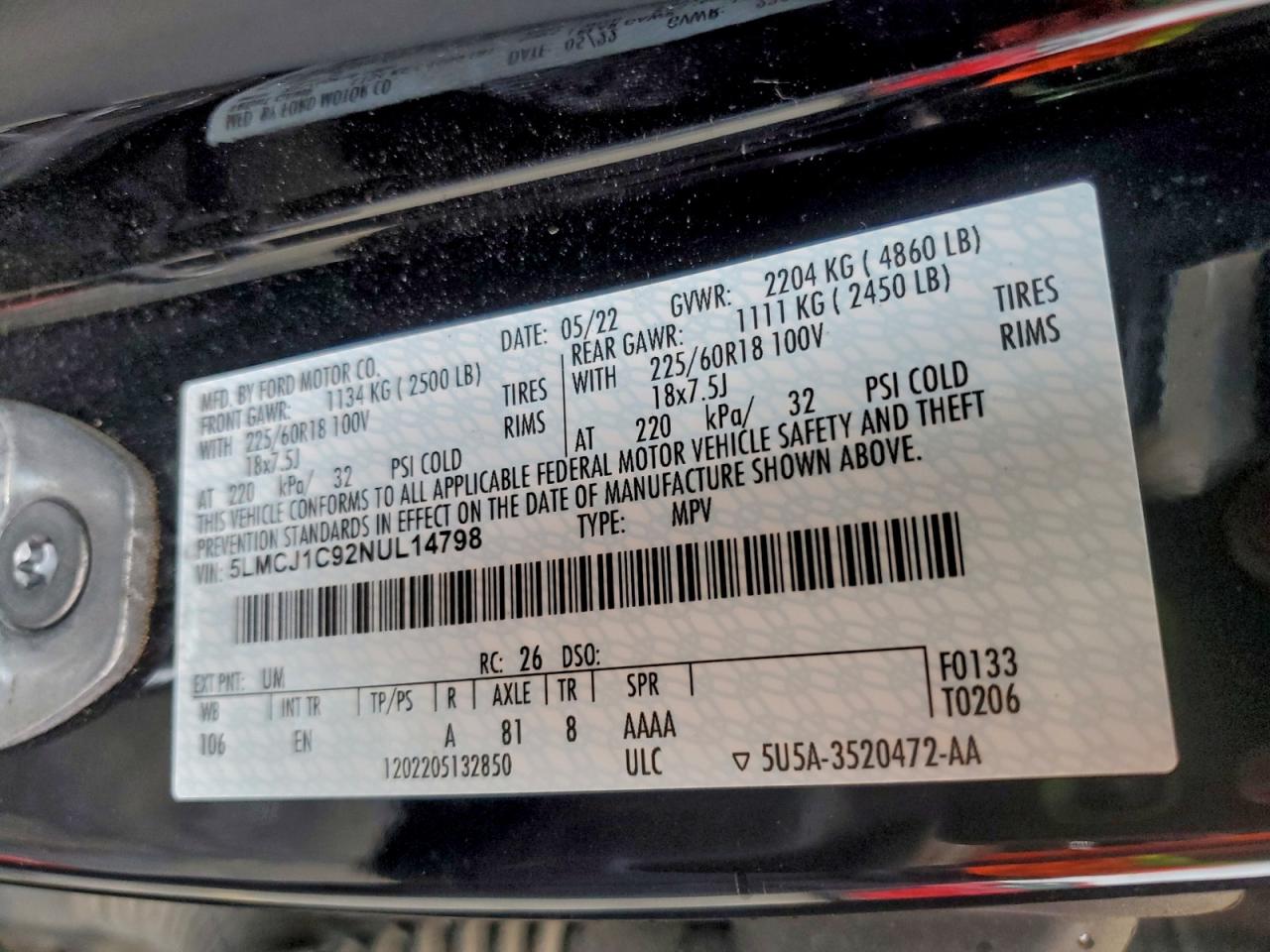 2022 Lincoln Corsair VIN: 5LMCJ1C92NUL14798 Lot: 95777495