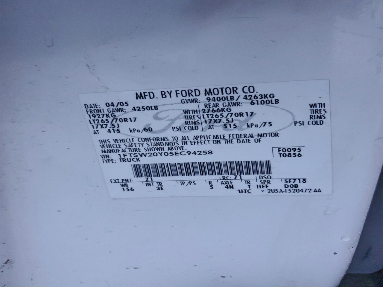 2005 Ford F250 Super Duty VIN: 1FTSW20Y05EC94258 Lot: 95475105