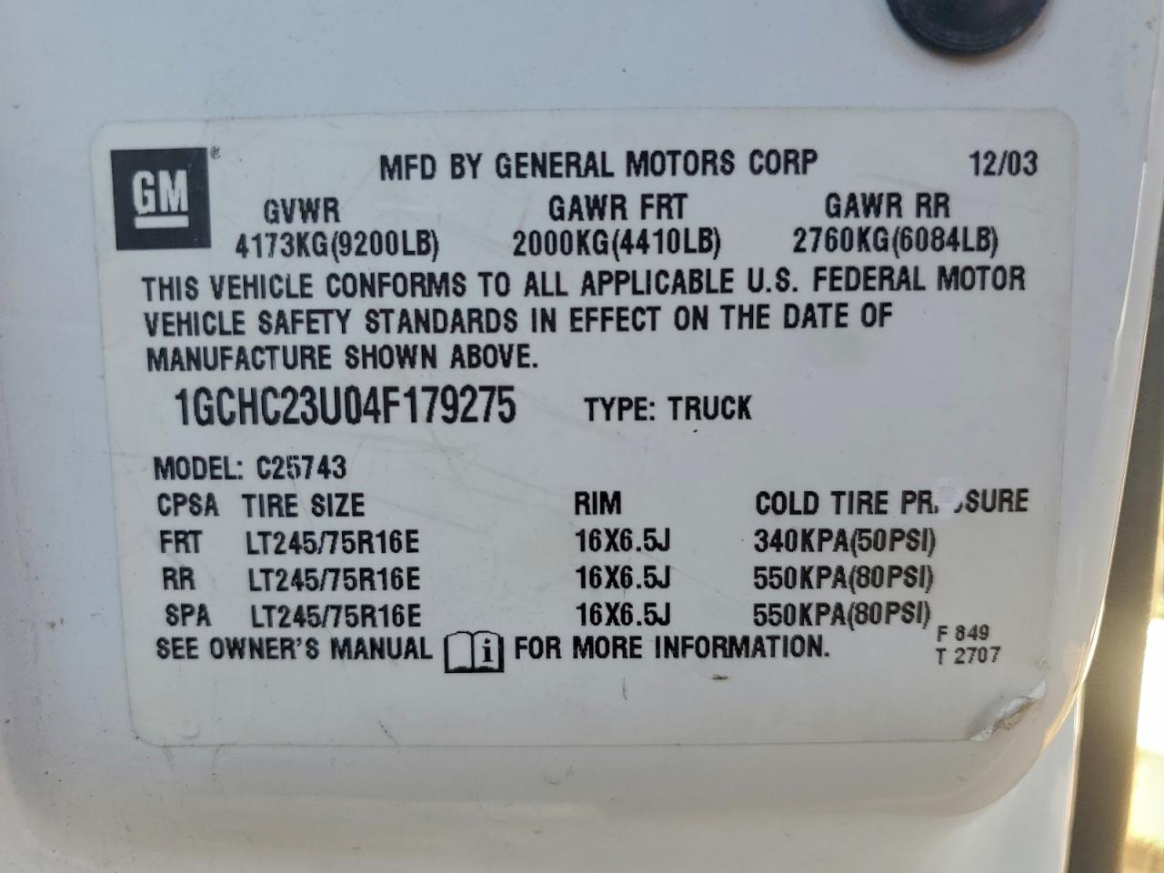 2004 Chevrolet Silverado C2500 Heavy Duty VIN: 1GCHC23U04F179275 Lot: 95805925