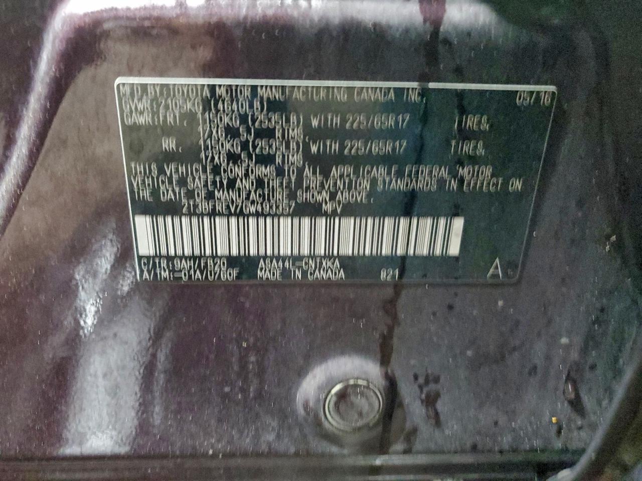 2016 Toyota Rav4 Le VIN: 2T3BFREV7GW493357 Lot: 95080685