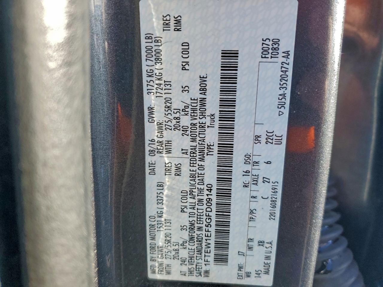 2016 Ford F150 Supercrew VIN: 1FTEW1EF5GFD09140 Lot: 96723105