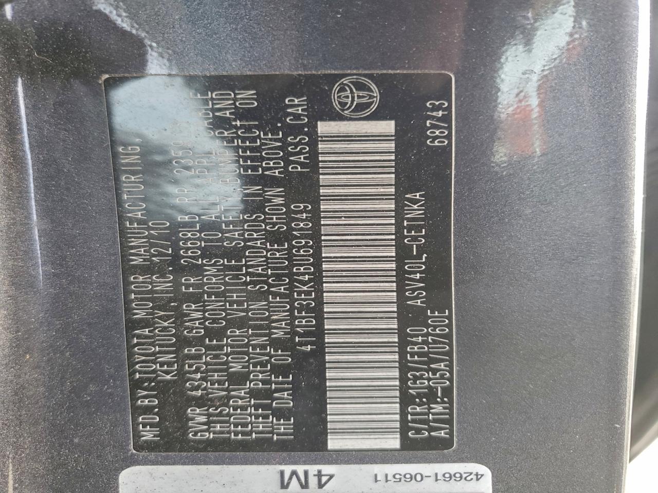 2011 Toyota Camry Base VIN: 4T1BF3EK4BU691849 Lot: 94637865