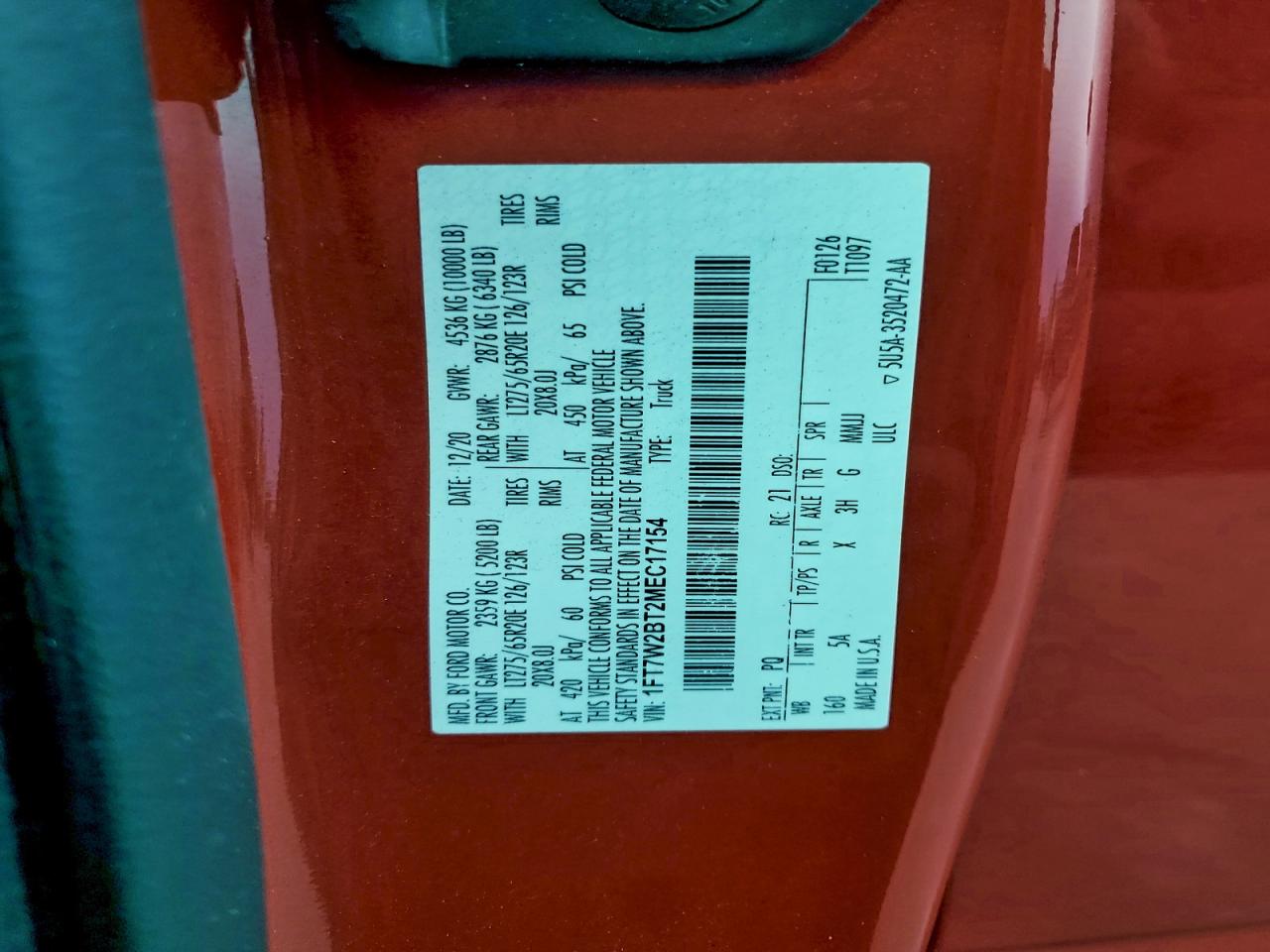 2021 Ford F250 Super Duty VIN: 1FT7W2BT2MEC17154 Lot: 95396775