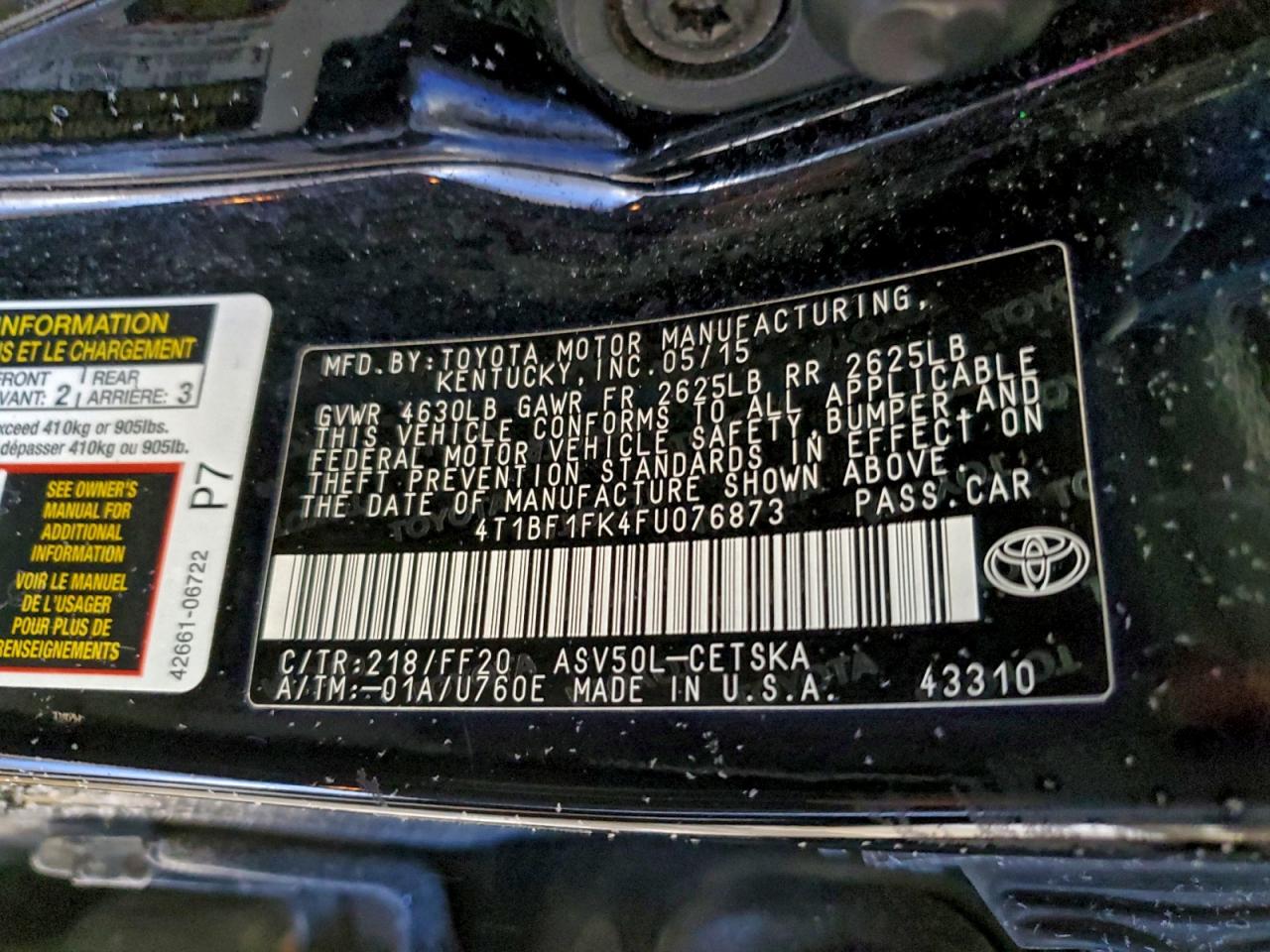 2015 Toyota Camry Le VIN: 4T1BF1FK4FU076873 Lot: 94037025