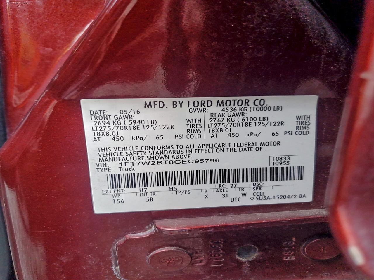 2016 Ford F250 Super Duty VIN: 1FT7W2BT8GEC95796 Lot: 94978435