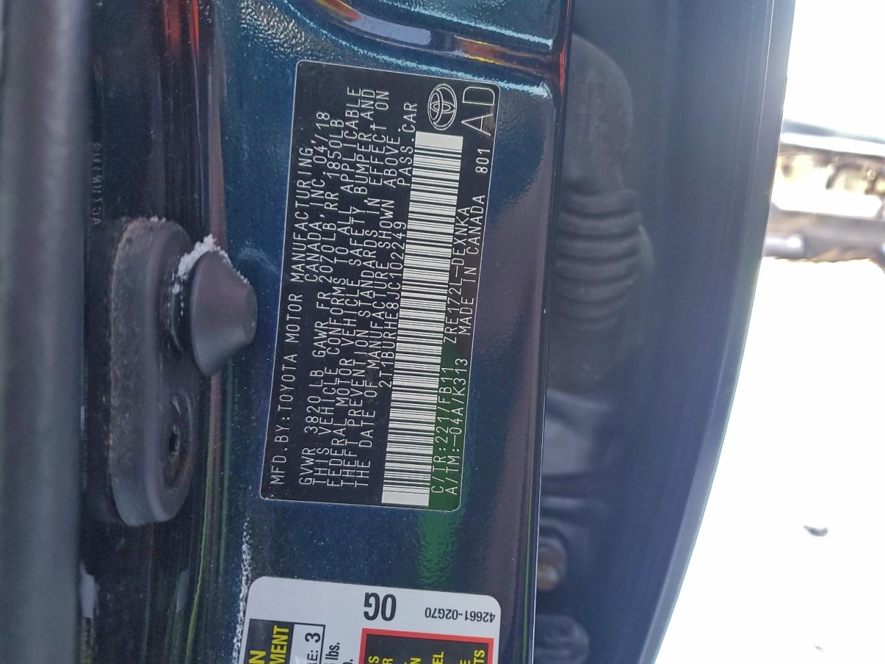 2018 Toyota Corolla L VIN: 2T1BURHE8JC102249 Lot: 95132245