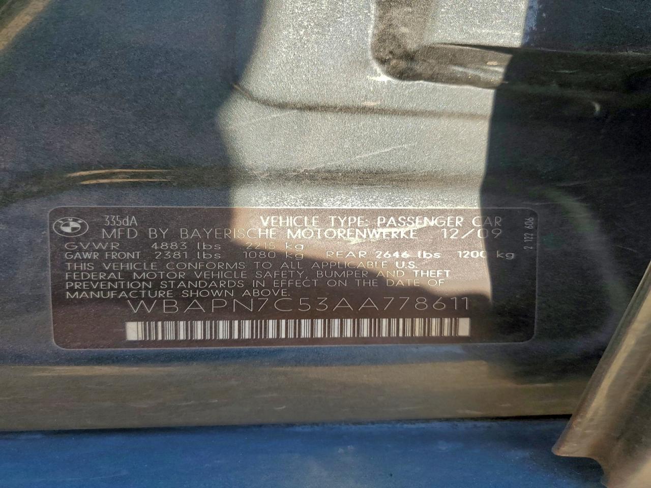 2010 BMW 335 D VIN: WBAPN7C53AA778611 Lot: 95645775